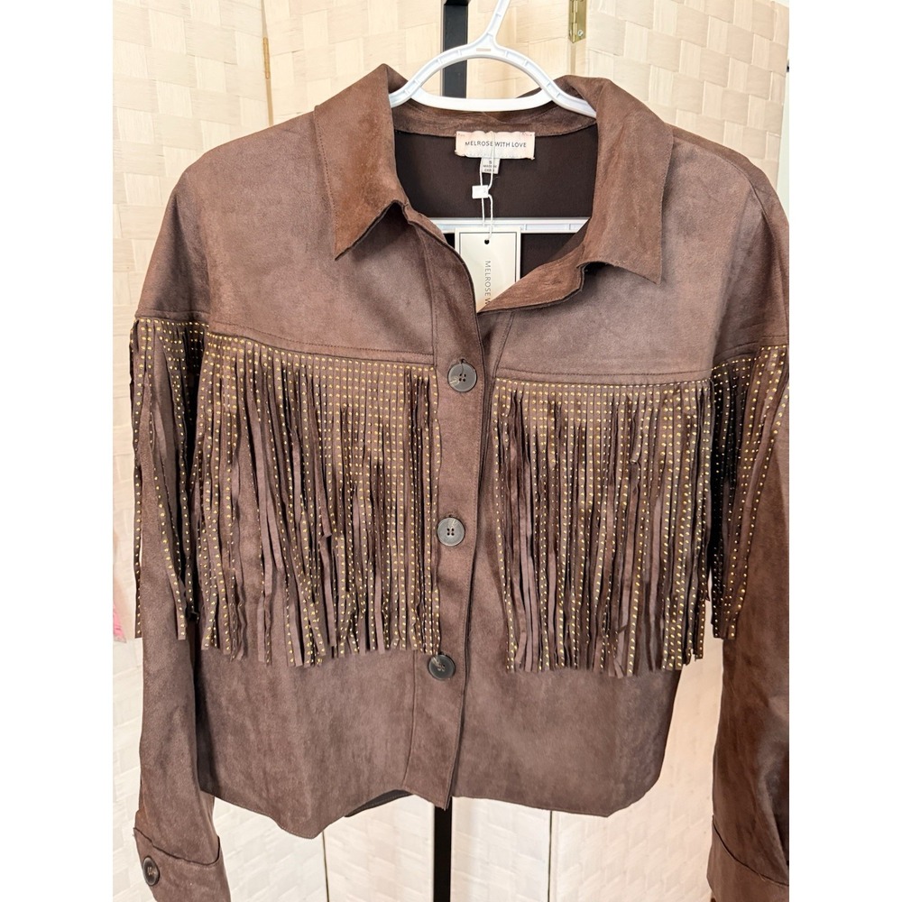 Melrose With Love Brown Faux Suede Gold Studded Fringe Jacket Western Festival S - Picture 6 of 7